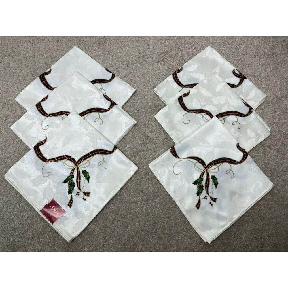 Lenox Holiday Nouveau Cloth Christmas Napkin Ribbon Holly Berry Set Of 6 Unused
